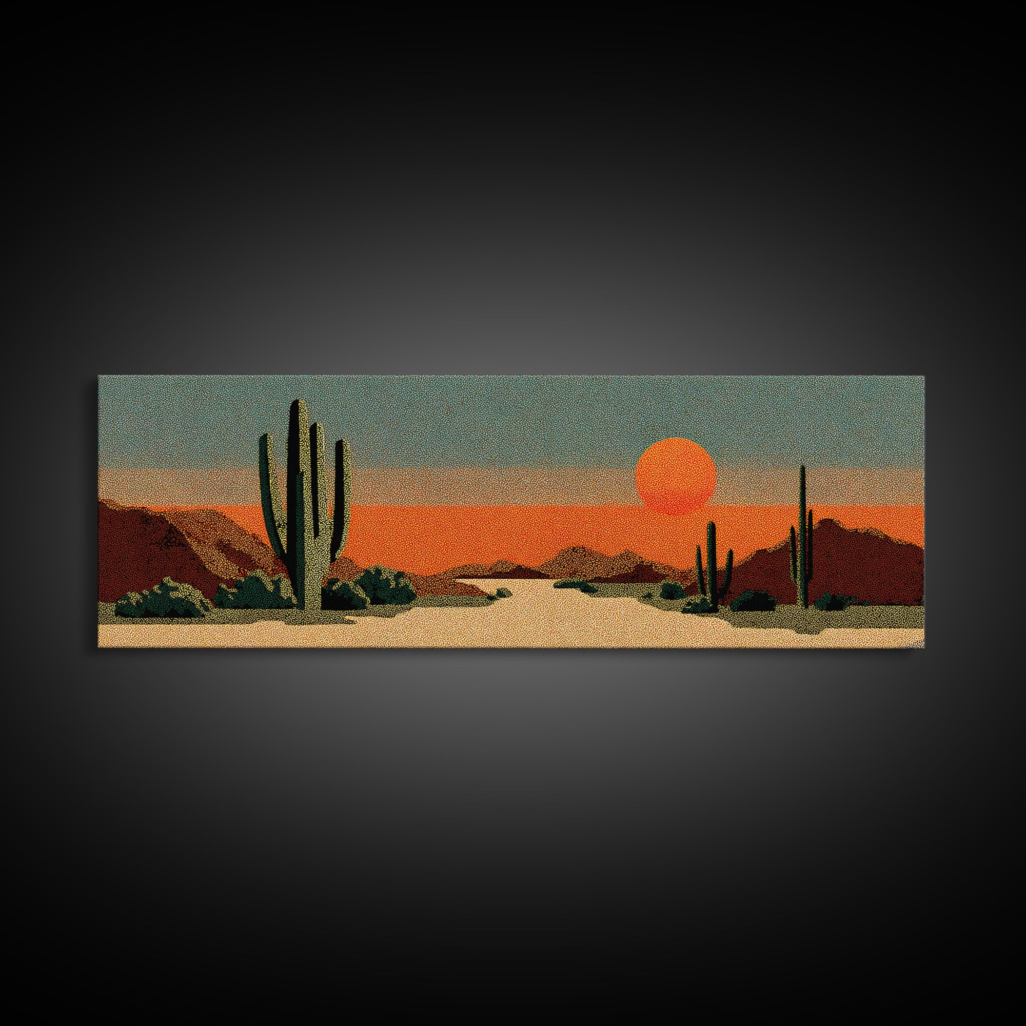 Textured Saguaro Desert With Orange Sun And Rust Mountains Canvas Print, Retro Wall Art, Midcentury Modern Southwest Decor