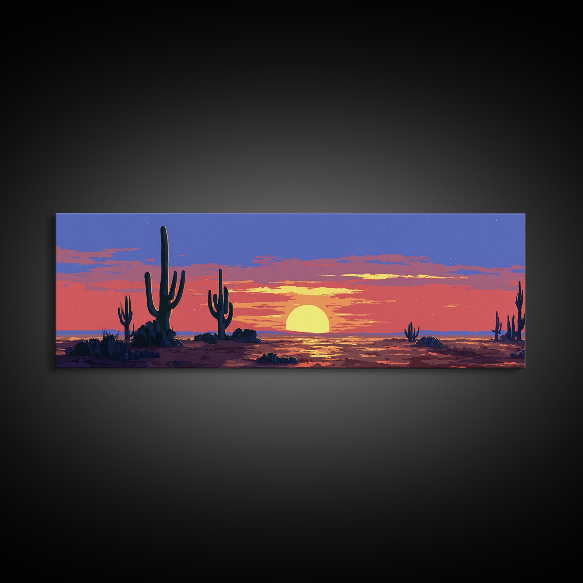 Purple Desert Sunset With Tall Saguaro Cacti And Low Sun Framed Canvas Print, Retro Wall Art, Colorful Southwest Home Decor