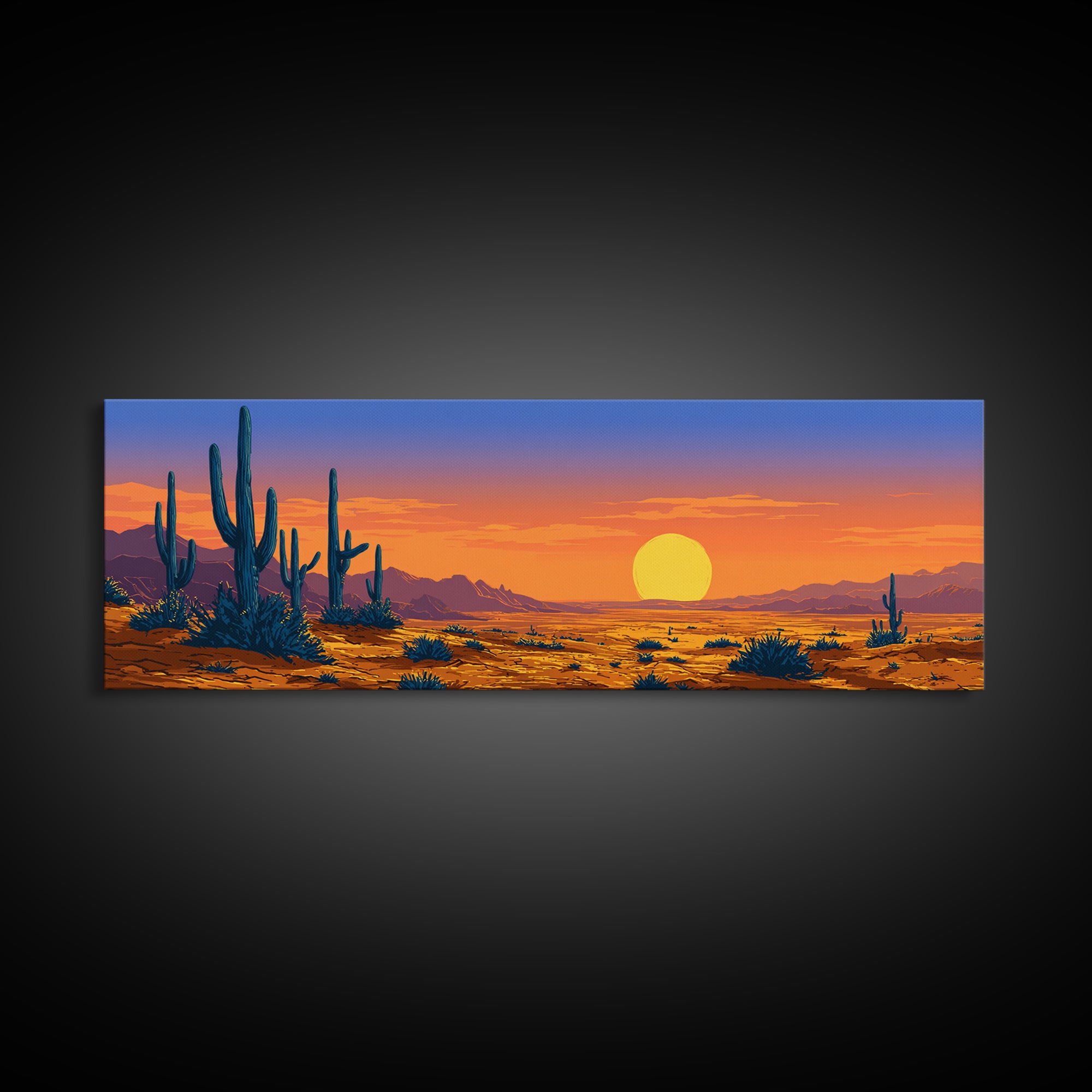 Vibrant Desert Sunset With Blue Cacti And Golden Sky Wall Art, Retro Art Print, Colorful Southwest Living Room Decor Poster