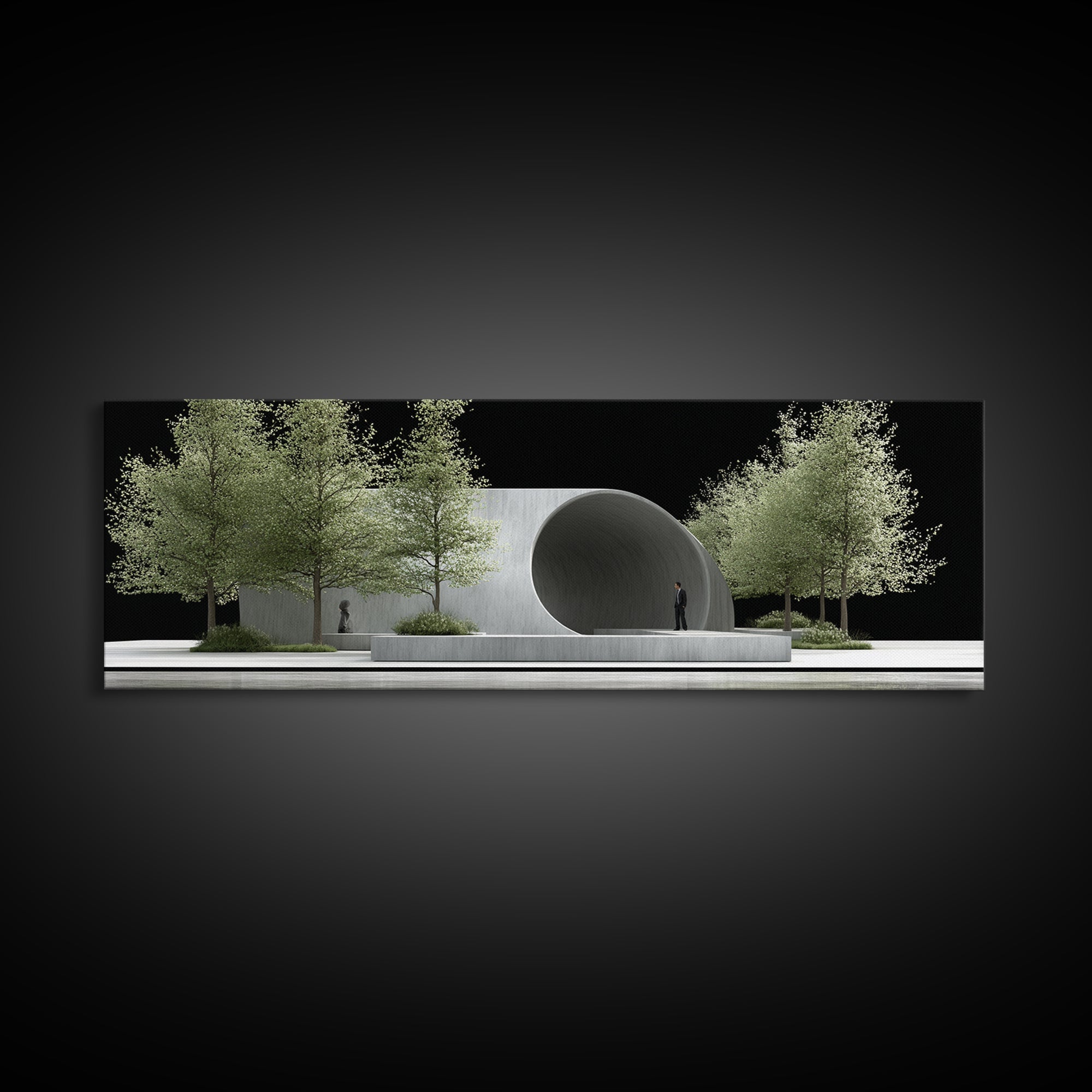 Concrete Circular Pavilion With Silver Trees And Black Sky Framed Canvas Print, Modern Architecture Wall Art, Office Decor