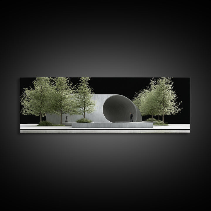 Concrete Circular Pavilion With Silver Trees And Black Sky Framed Canvas Print, Modern Architecture Wall Art, Office Decor