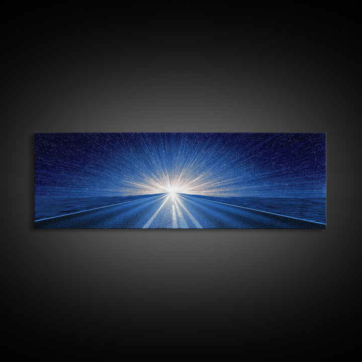 Starry Blue Highway Horizon Framed Canvas Print, Cosmic Retro Wall Art, Modern Digital Art, Space Abstract Decor For Living Room