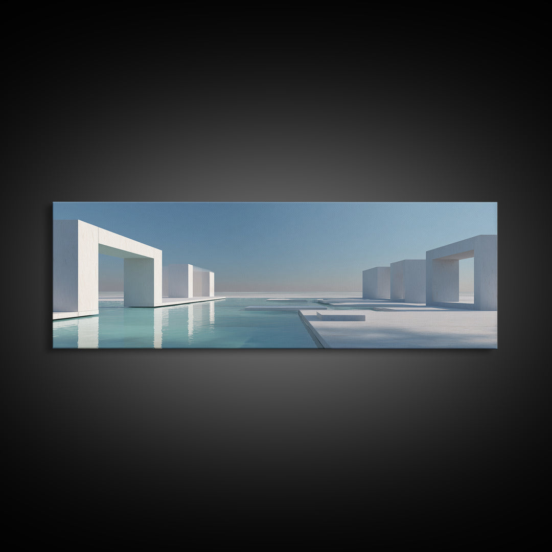 Minimal White Geometric Seaside Architecture With Blue Pool Wall Art, Modern Coastal Print, Luxury Home Decor, Office Art