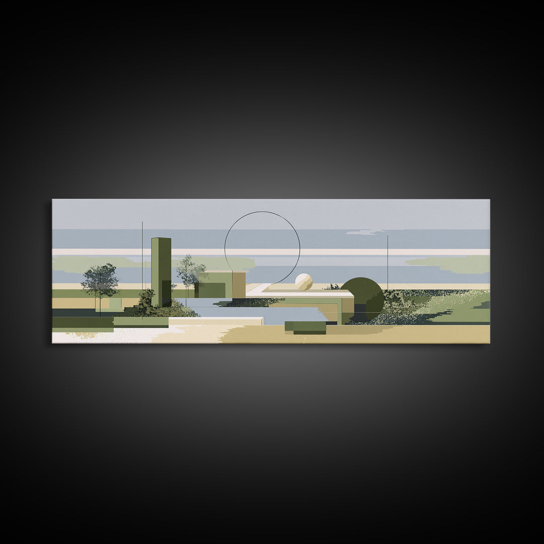 Midcentury Coastal Architecture Wall Art, Olive Green Geometric Landscape, Modern Abstract Decor, Minimalist Canvas Print