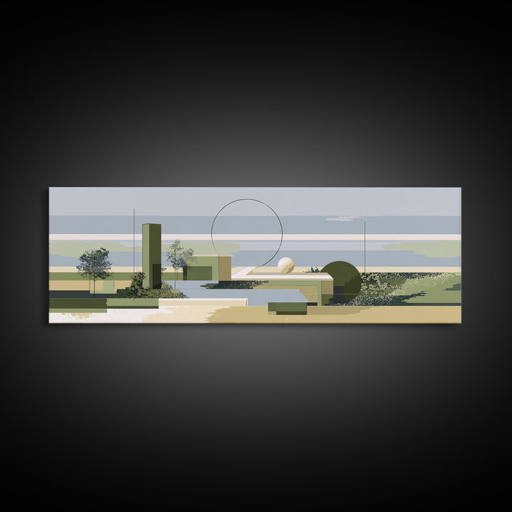 Midcentury Coastal Architecture Wall Art, Olive Green Geometric Landscape, Modern Abstract Decor, Minimalist Canvas Print