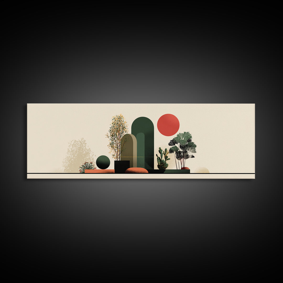 Abstract Botanical Still Life Wall Art, Red Sun And Green Arches, Midcentury Modern Decor, Boho Scandinavian Canvas Print