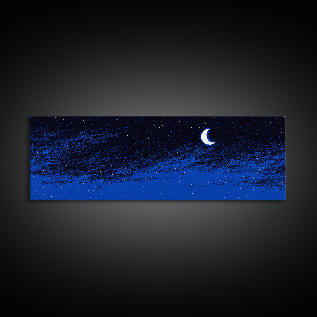 Blue Starry Crescent Moon Wall Art, Night Sky Celestial Canvas, Minimal Modern Decor, Boho Nursery Bedroom Art Print Gift