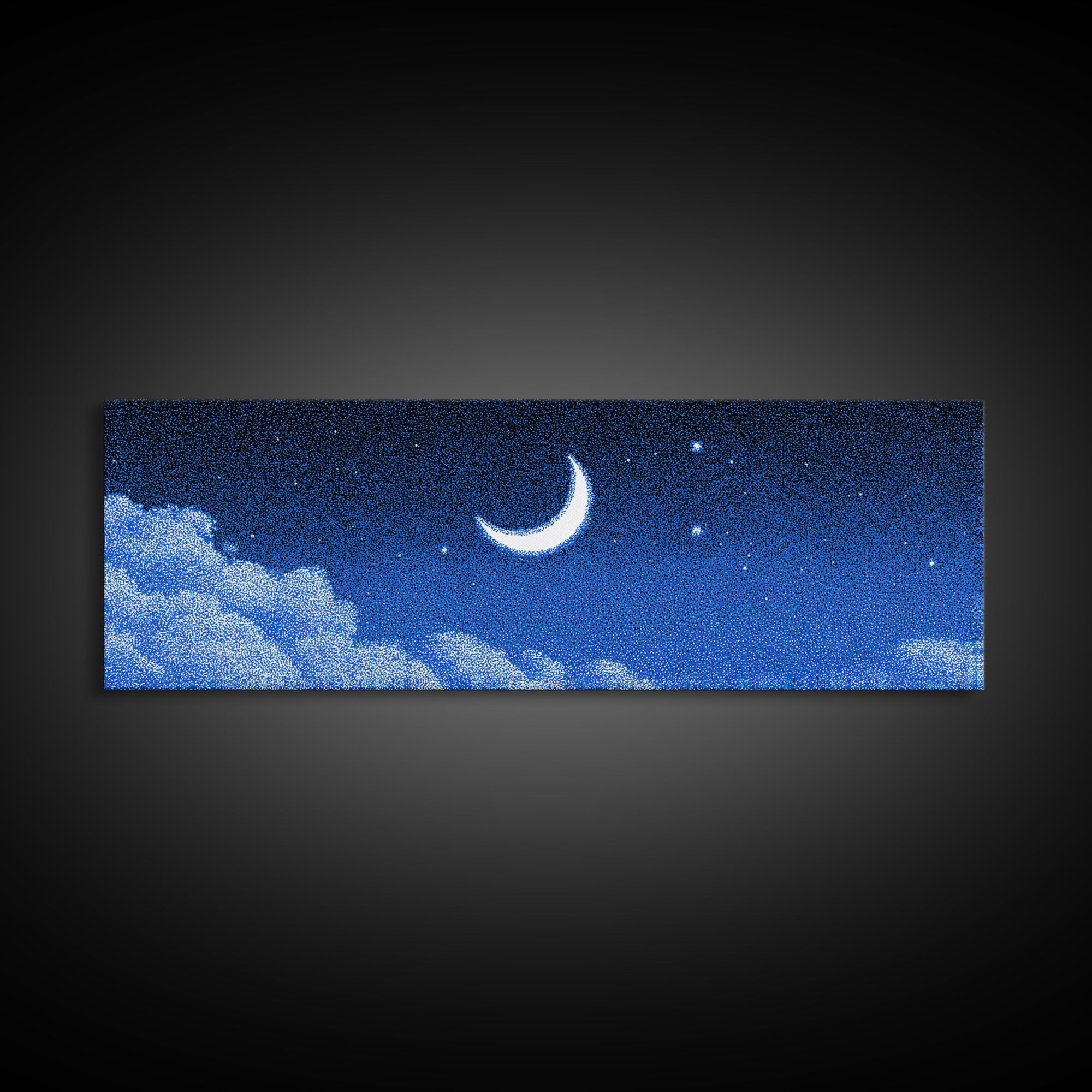 Glowing Crescent Moon And Cloud Wall Art, Blue Starry Sky Canvas, Mystical Celestial Decor, Boho Nursery Bedroom Art Print Gift