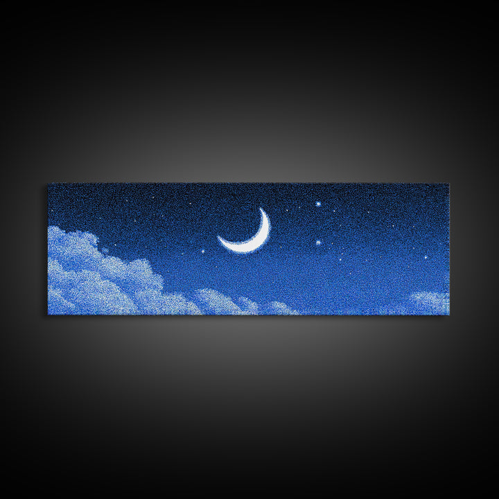 Glowing Crescent Moon And Cloud Wall Art, Blue Starry Sky Canvas, Mystical Celestial Decor, Boho Nursery Bedroom Art Print Gift