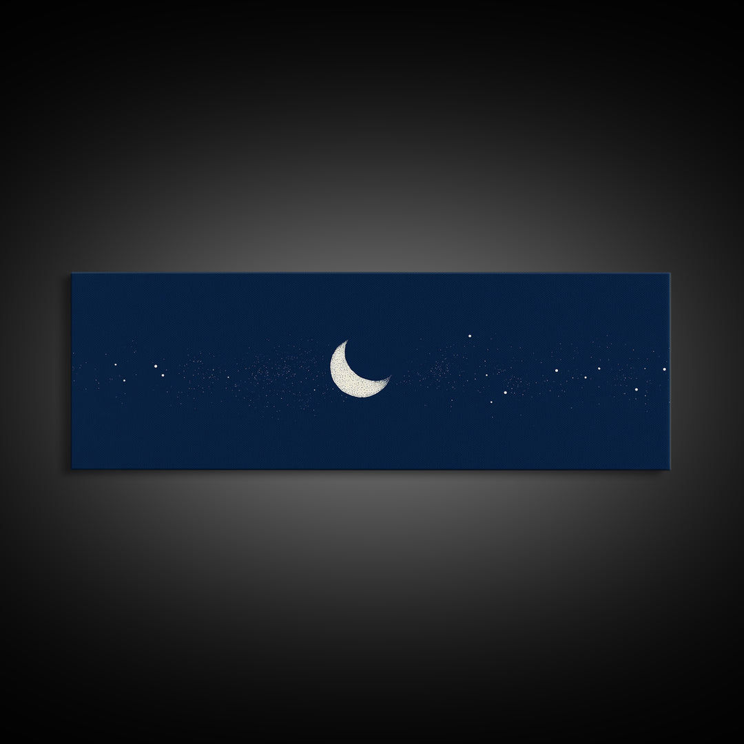 Minimal Navy Crescent Moon Wall Art, Tiny Star Night Sky Canvas, Scandinavian Modern Decor, Celestial Bedroom Art Print Gift