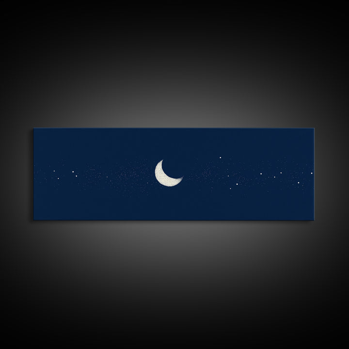 Minimal Navy Crescent Moon Wall Art, Tiny Star Night Sky Canvas, Scandinavian Modern Decor, Celestial Bedroom Art Print Gift