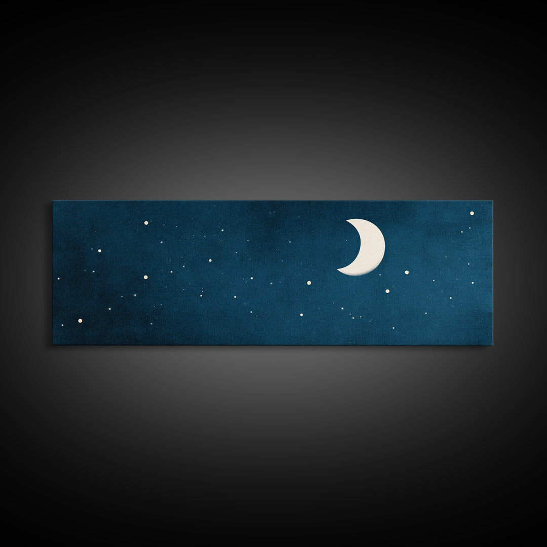 Textured Teal Crescent Moon Wall Art, Starry Night Sky Canvas, Minimalist Celestial Decor, Modern Bedroom Art Print Gift