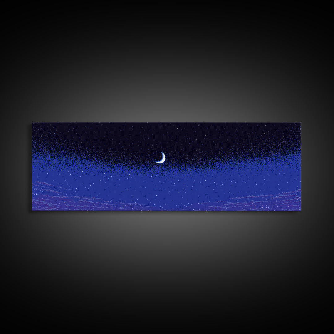 Purple Blue Crescent Moon Wall Art, Starry Horizon Night Sky Canvas, Cosmic Retro Decor, Boho Celestial Bedroom Art Print