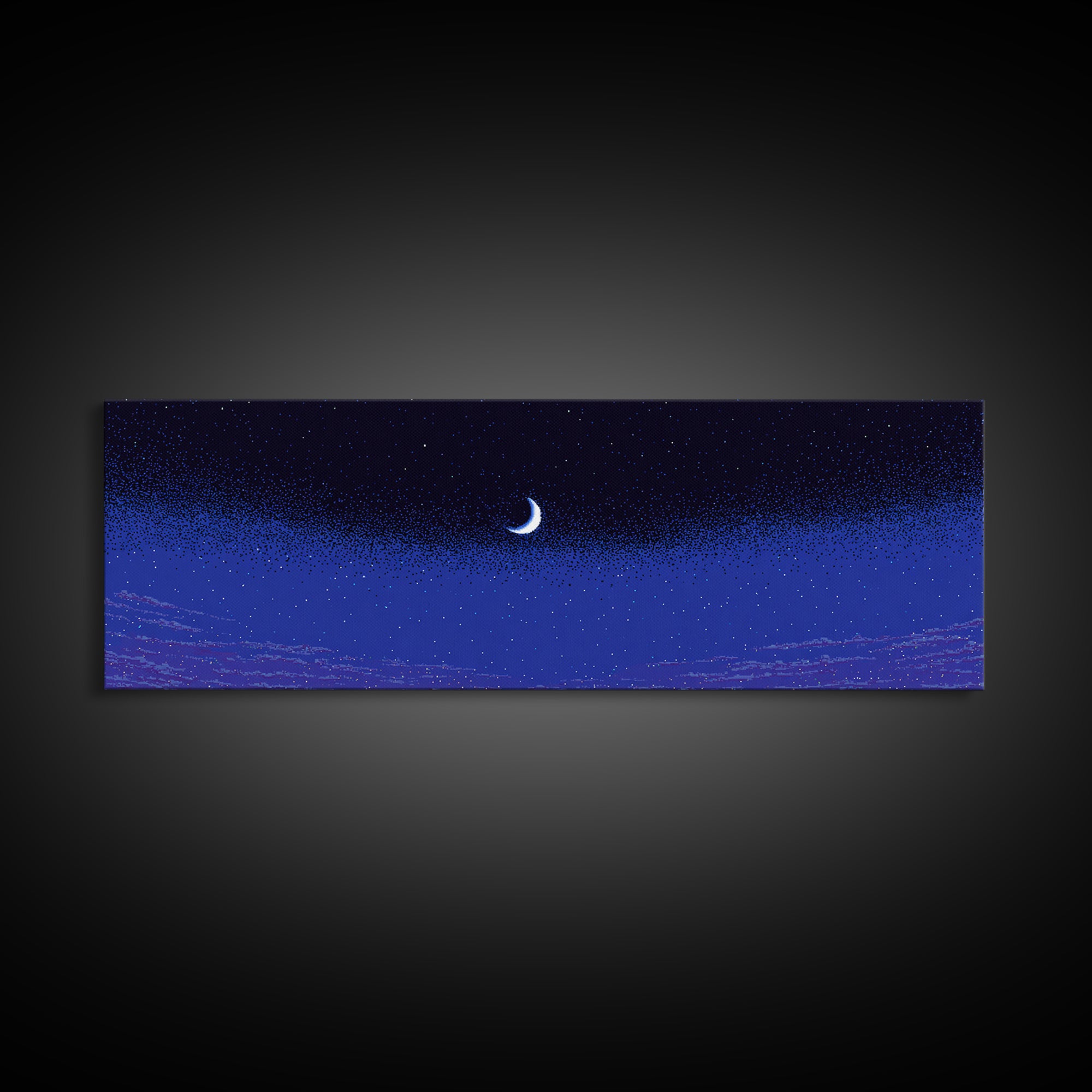 Purple Blue Crescent Moon Wall Art, Starry Horizon Night Sky Canvas, Cosmic Retro Decor, Boho Celestial Bedroom Art Print