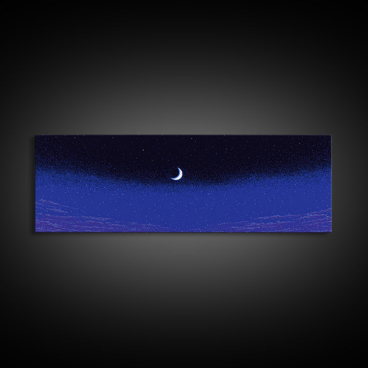 Purple Blue Crescent Moon Wall Art, Starry Horizon Night Sky Canvas, Cosmic Retro Decor, Boho Celestial Bedroom Art Print