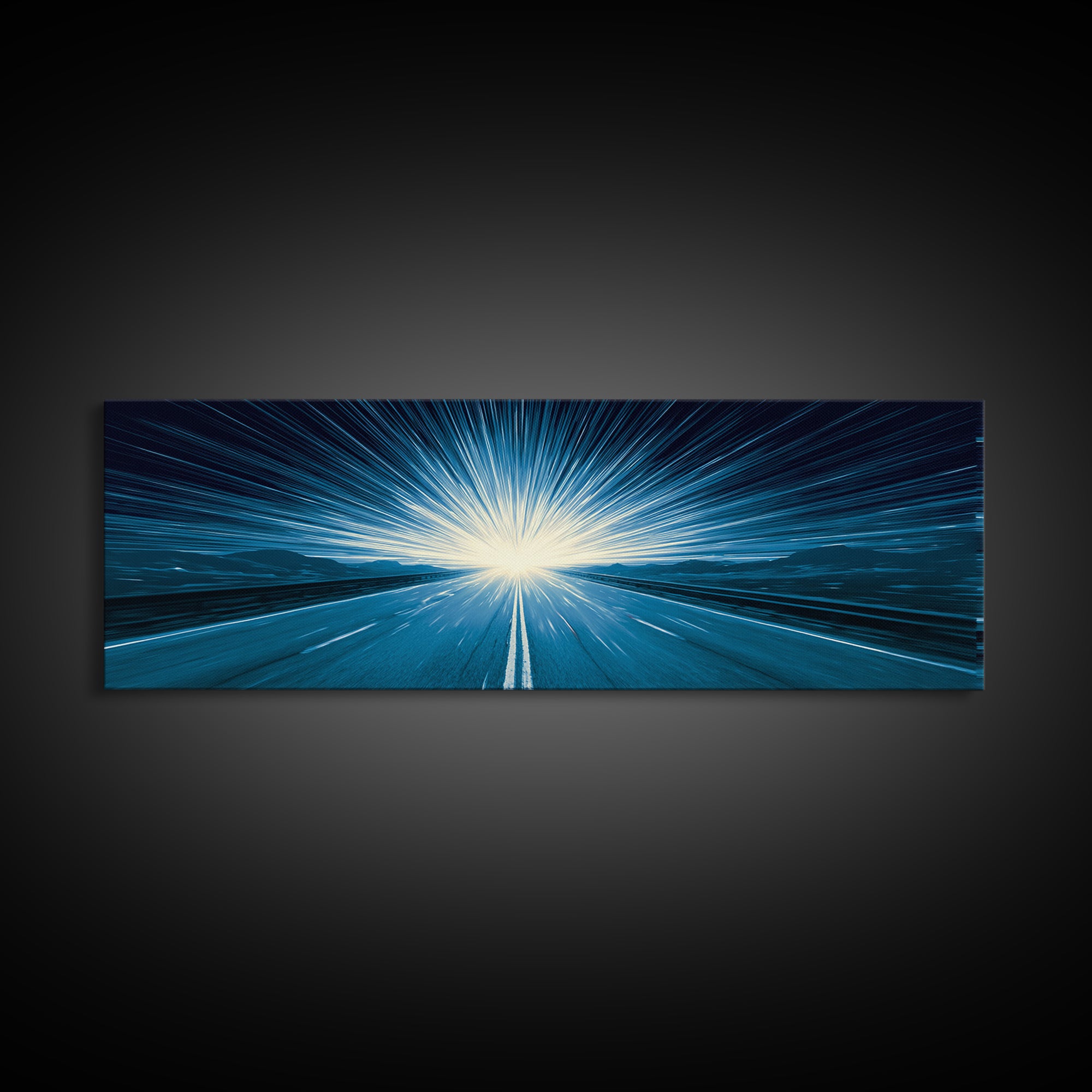 Electric Cyan Light Burst Canvas Print, Sci Fi Retro Wall Art, Modern Abstract Art, Blue Geometric Decor For Office Or Game Room