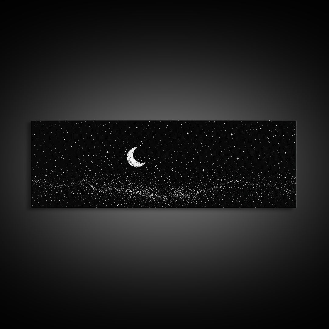 Black Starfield Crescent Moon Wall Art, White Stars Night Sky Canvas, Minimal Celestial Decor, Modern Bedroom Art Print Gift