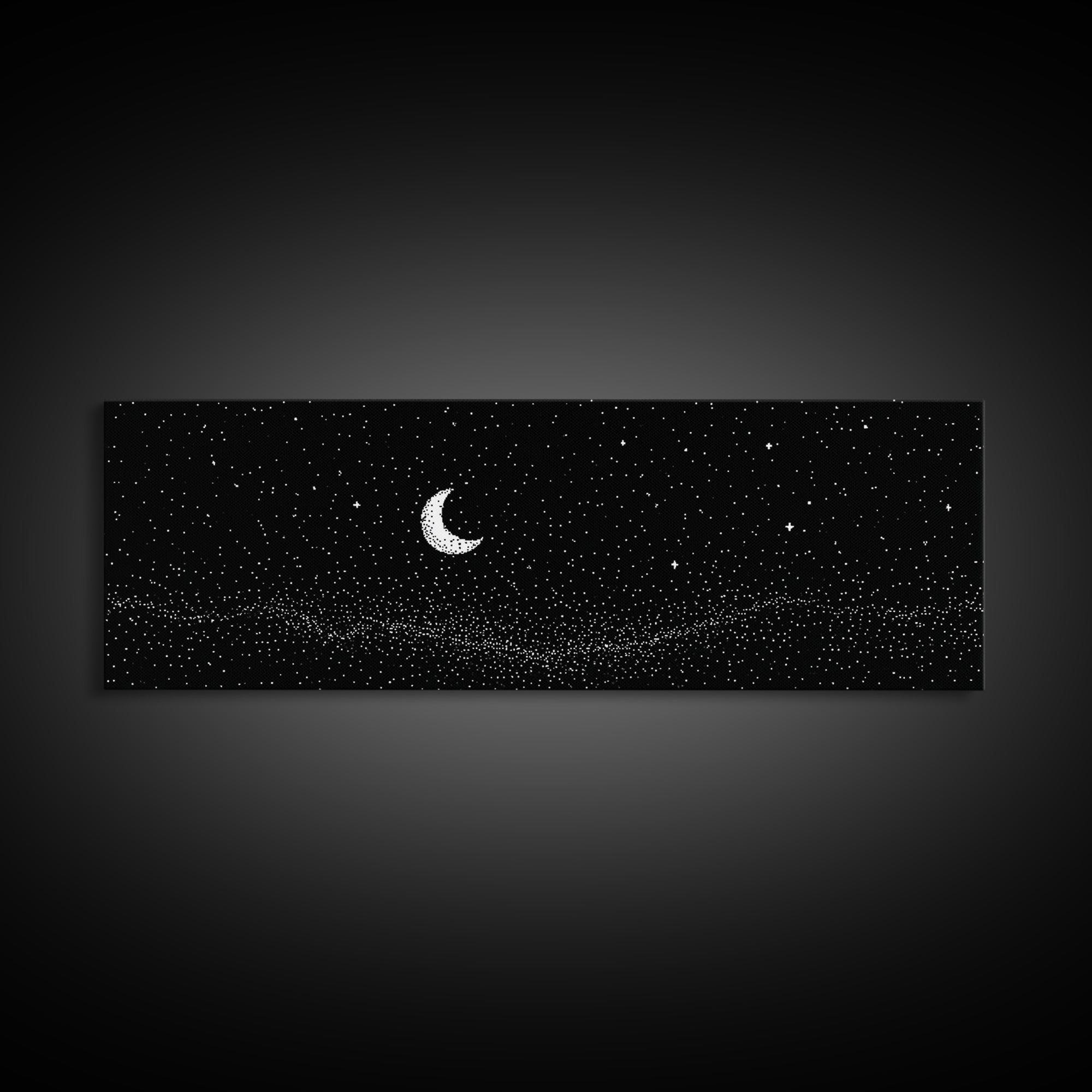 Black Starfield Crescent Moon Wall Art, White Stars Night Sky Canvas, Minimal Celestial Decor, Modern Bedroom Art Print Gift
