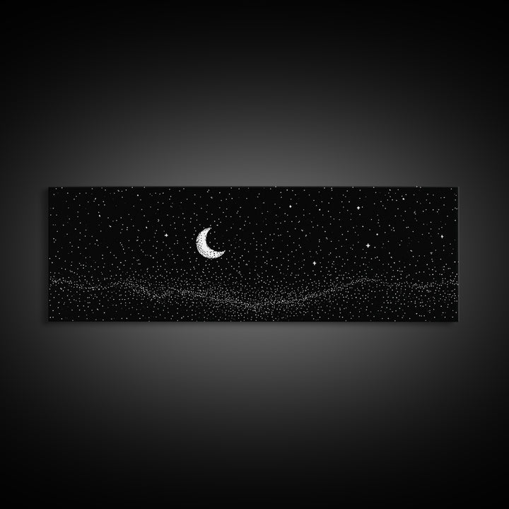 Black Starfield Crescent Moon Wall Art, White Stars Night Sky Canvas, Minimal Celestial Decor, Modern Bedroom Art Print Gift