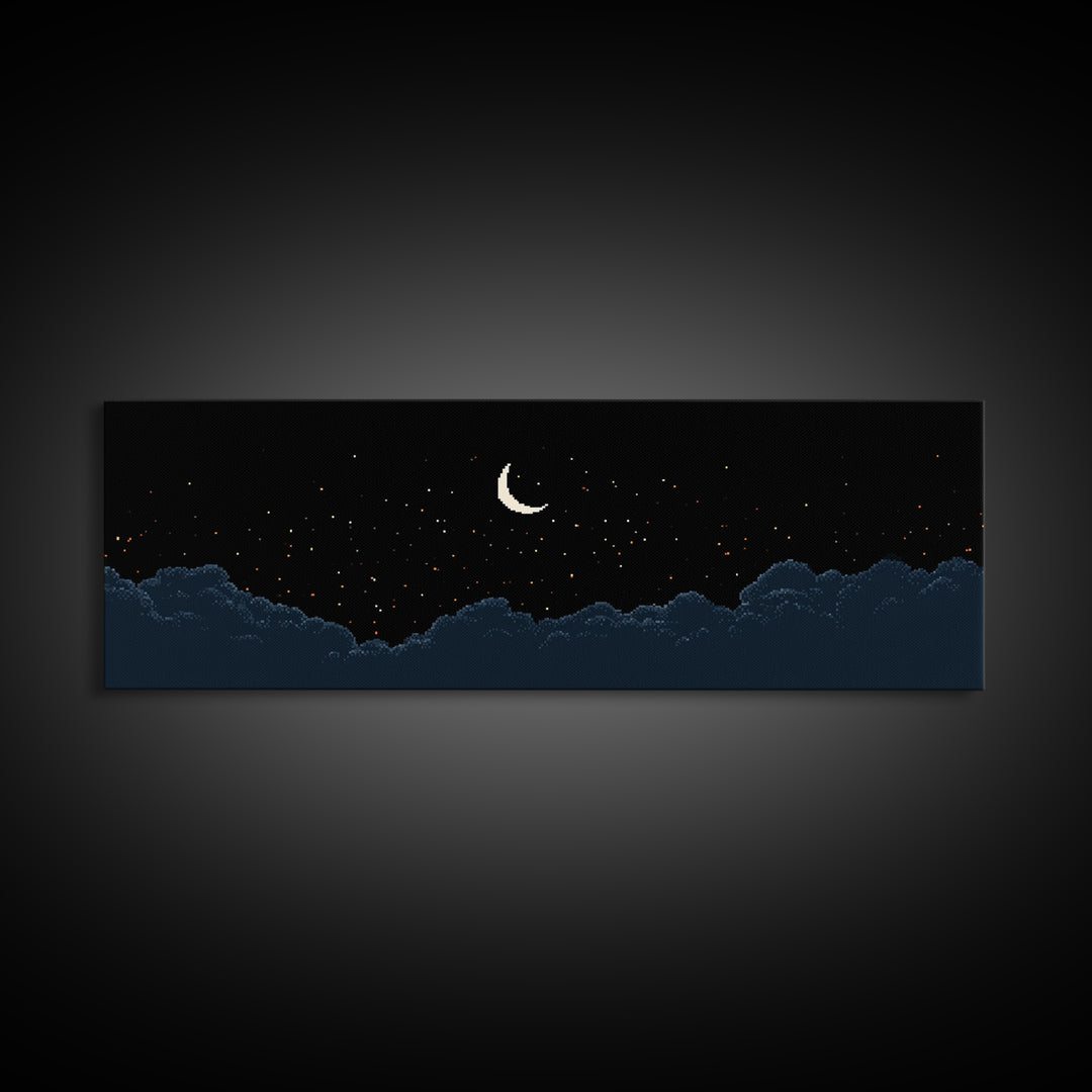 Crescent Moon Starry Night Clouds Wall Art, Pixel Landscape Print, Dark Blue Celestial Decor, Bedroom Office Poster Gift