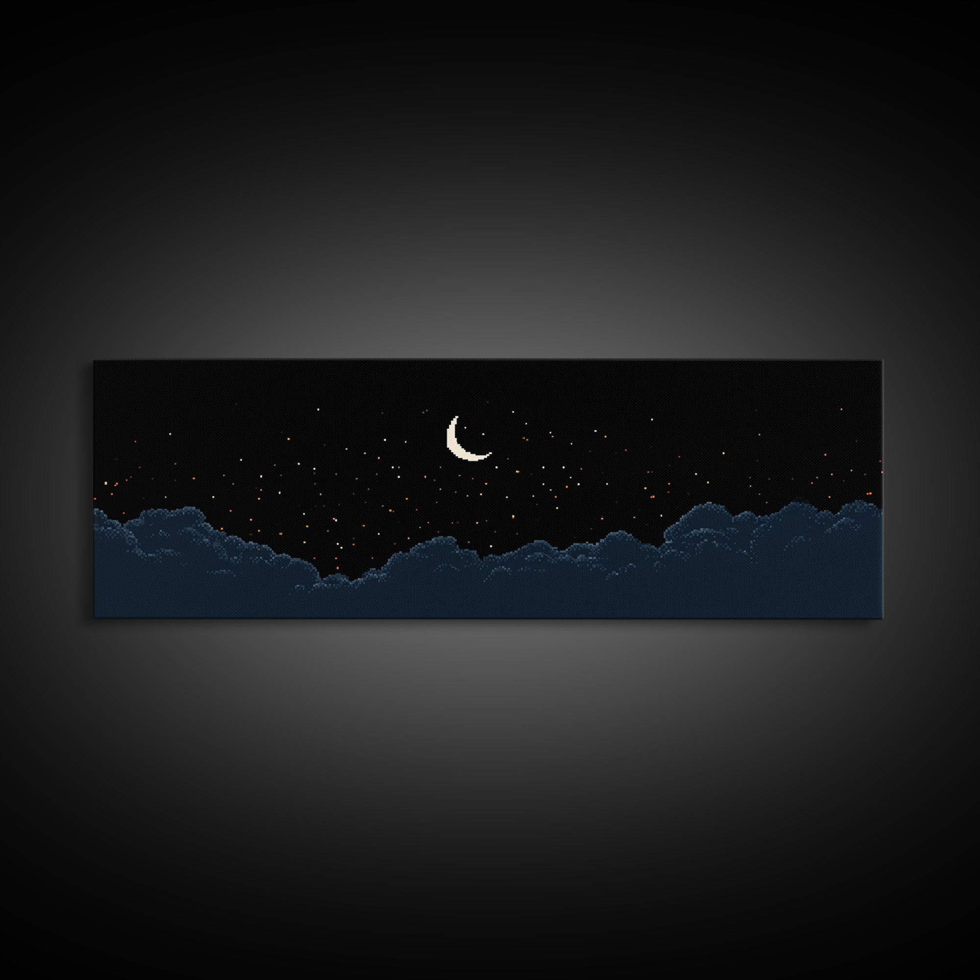 Crescent Moon Starry Night Clouds Wall Art, Pixel Landscape Print, Dark Blue Celestial Decor, Bedroom Office Poster Gift