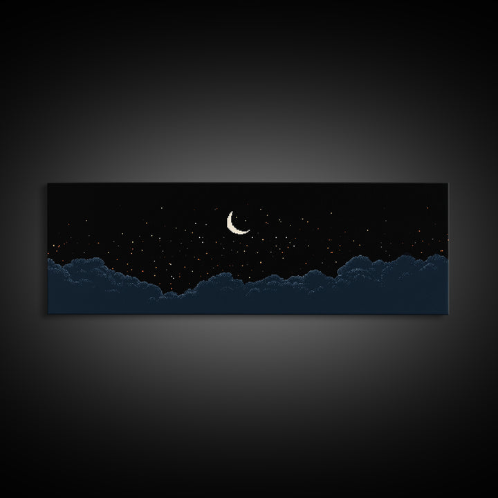 Crescent Moon Starry Night Clouds Wall Art, Pixel Landscape Print, Dark Blue Celestial Decor, Bedroom Office Poster Gift