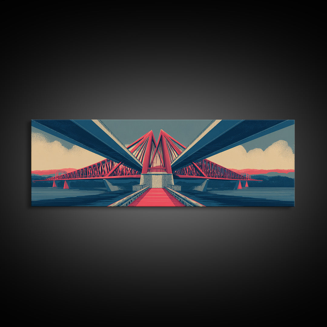 Red Suspension Bridge At Sunset Canvas Print, Midcentury Modern Wall Decor, Architectural Landscape, Retro Travel Poster