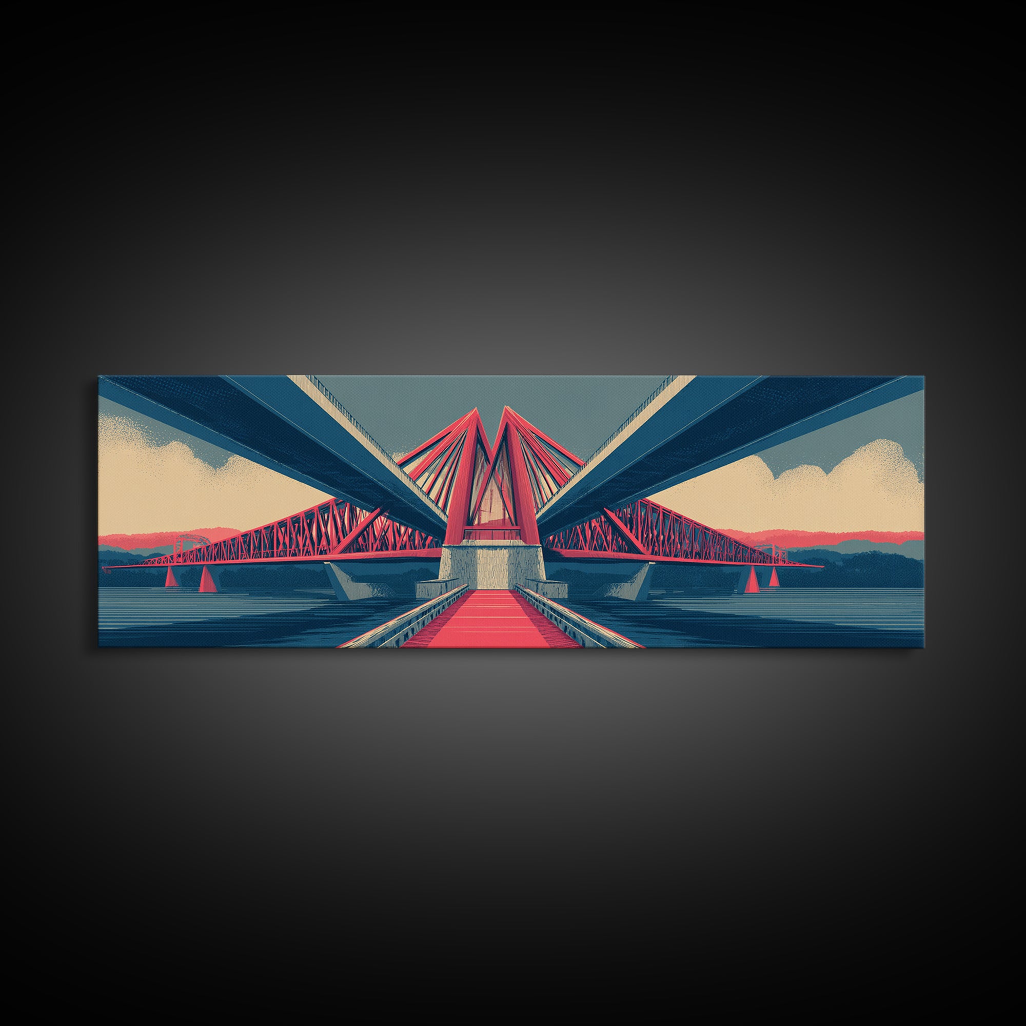 Red Suspension Bridge At Sunset Canvas Print, Midcentury Modern Wall Decor, Architectural Landscape, Retro Travel Poster