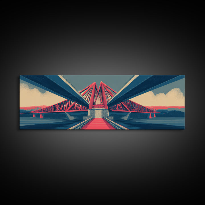 Red Suspension Bridge At Sunset Canvas Print, Midcentury Modern Wall Decor, Architectural Landscape, Retro Travel Poster