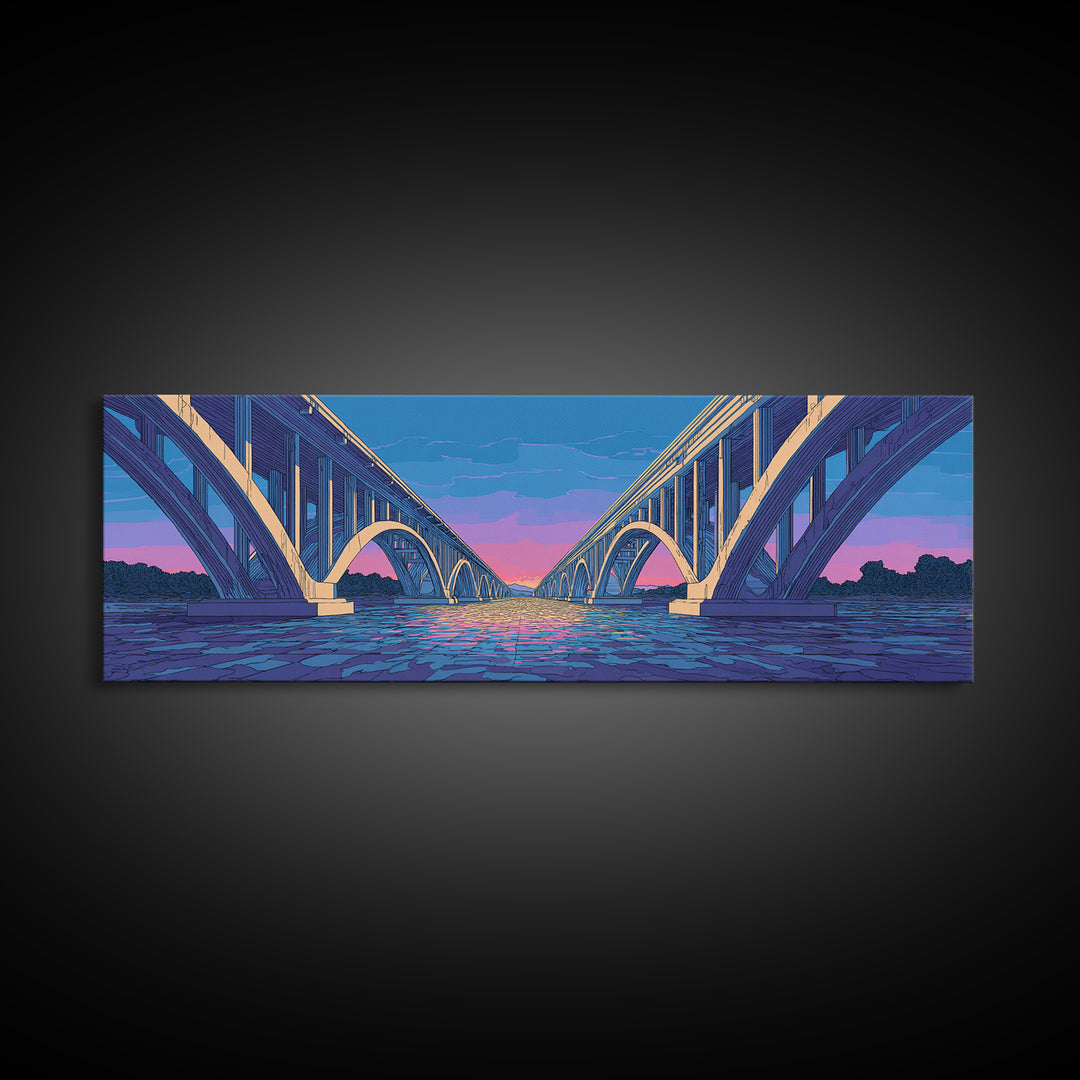 Blue Arch Bridge Sunset Wall Art, Panoramic River Cityscape Print, Modern Architectural Decor, Pink Purple Skyline Poster