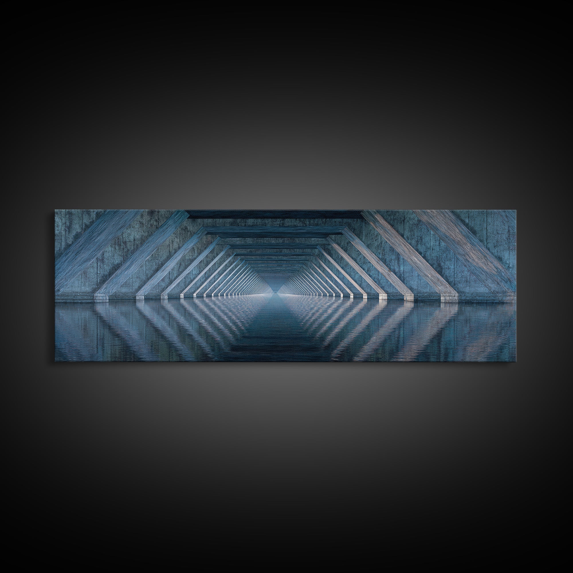Concrete Underpass Reflections Framed Canvas Print, Geometric Bridge Wall Art, Blue Industrial Decor, Minimalist Poster Print