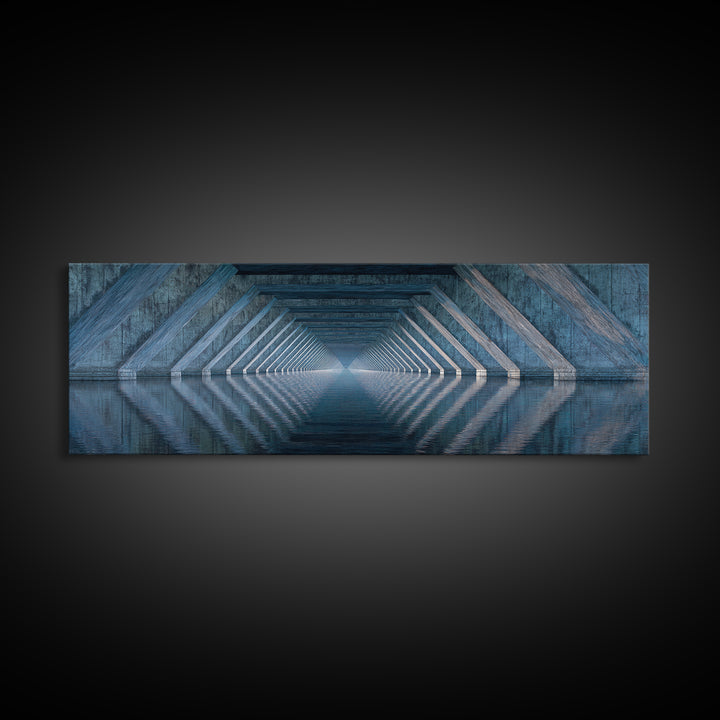 Concrete Underpass Reflections Framed Canvas Print, Geometric Bridge Wall Art, Blue Industrial Decor, Minimalist Poster Print