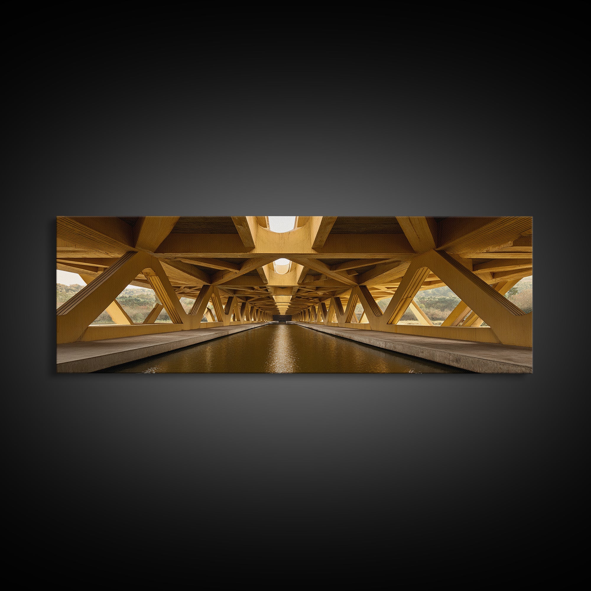 Golden Canal Under Bridge Canvas Print, Symmetrical Architecture Wall Art, Warm Industrial Decor, Modern Perspective Poster
