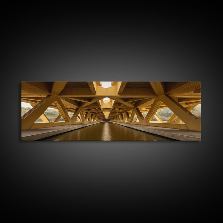Golden Canal Under Bridge Canvas Print, Symmetrical Architecture Wall Art, Warm Industrial Decor, Modern Perspective Poster