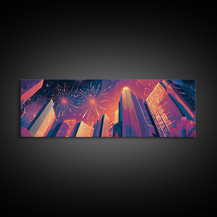 Fireworks Over Skyscrapers Canvas Print, Neon City Night Wall Art, Retro Futuristic Urban Decor, Bold Architecture Poster