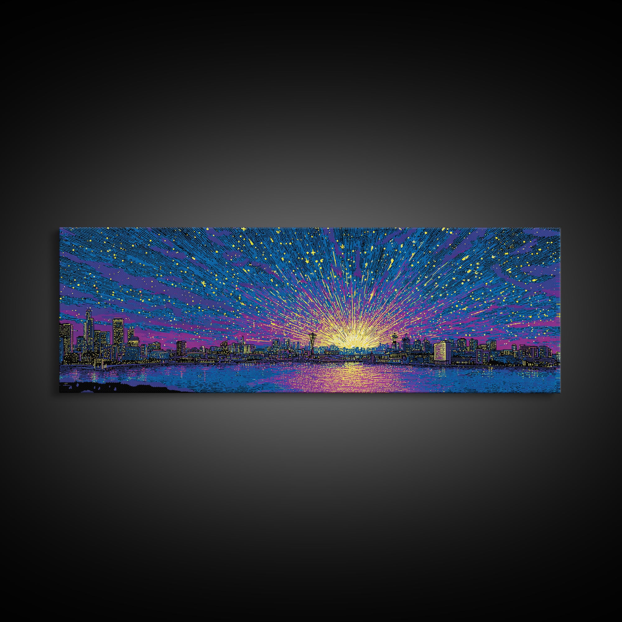 Cosmic Harbor Skyline Sunset Wall Art, Starburst Cityscape Print, Vibrant Blue Purple Decor, Modern Panoramic Poster Gift