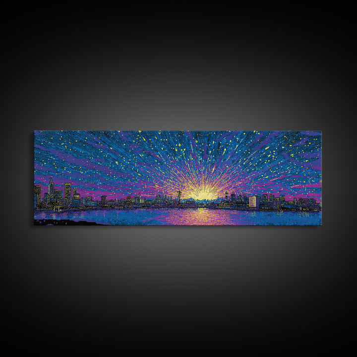 Cosmic Harbor Skyline Sunset Wall Art, Starburst Cityscape Print, Vibrant Blue Purple Decor, Modern Panoramic Poster Gift