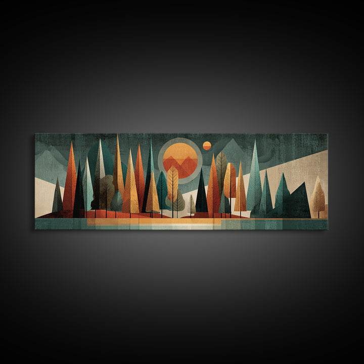 Textured Midcentury Forest Sun Wall Art, Orange Teal Landscape, Atomic Modern Art Print, Retro Home Decor For Living Room