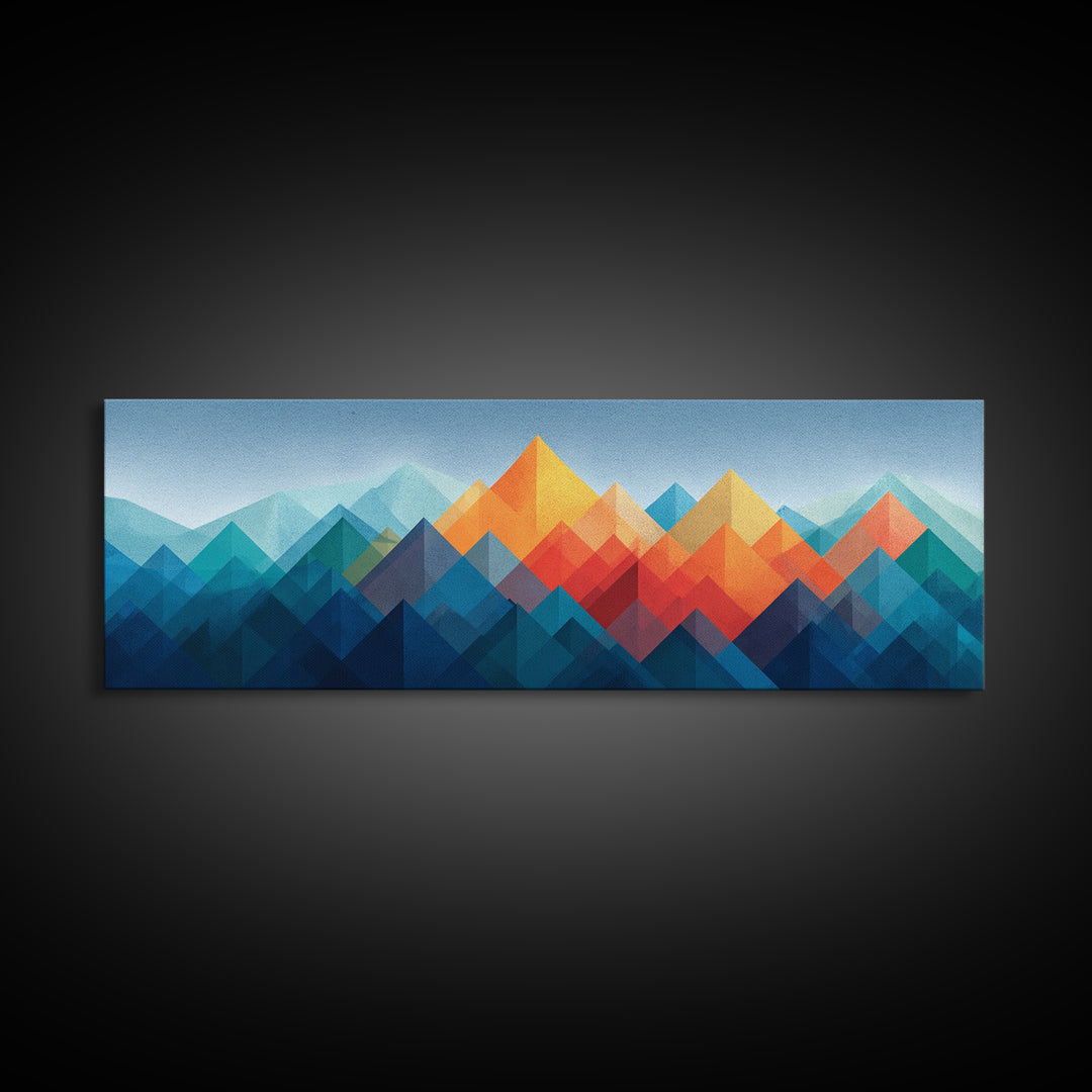 Blue Orange Faceted Mountain Range Framed Canvas Print, Mid Century Modern Abstract Art, Geometric Wall Decor Poster For Living Room