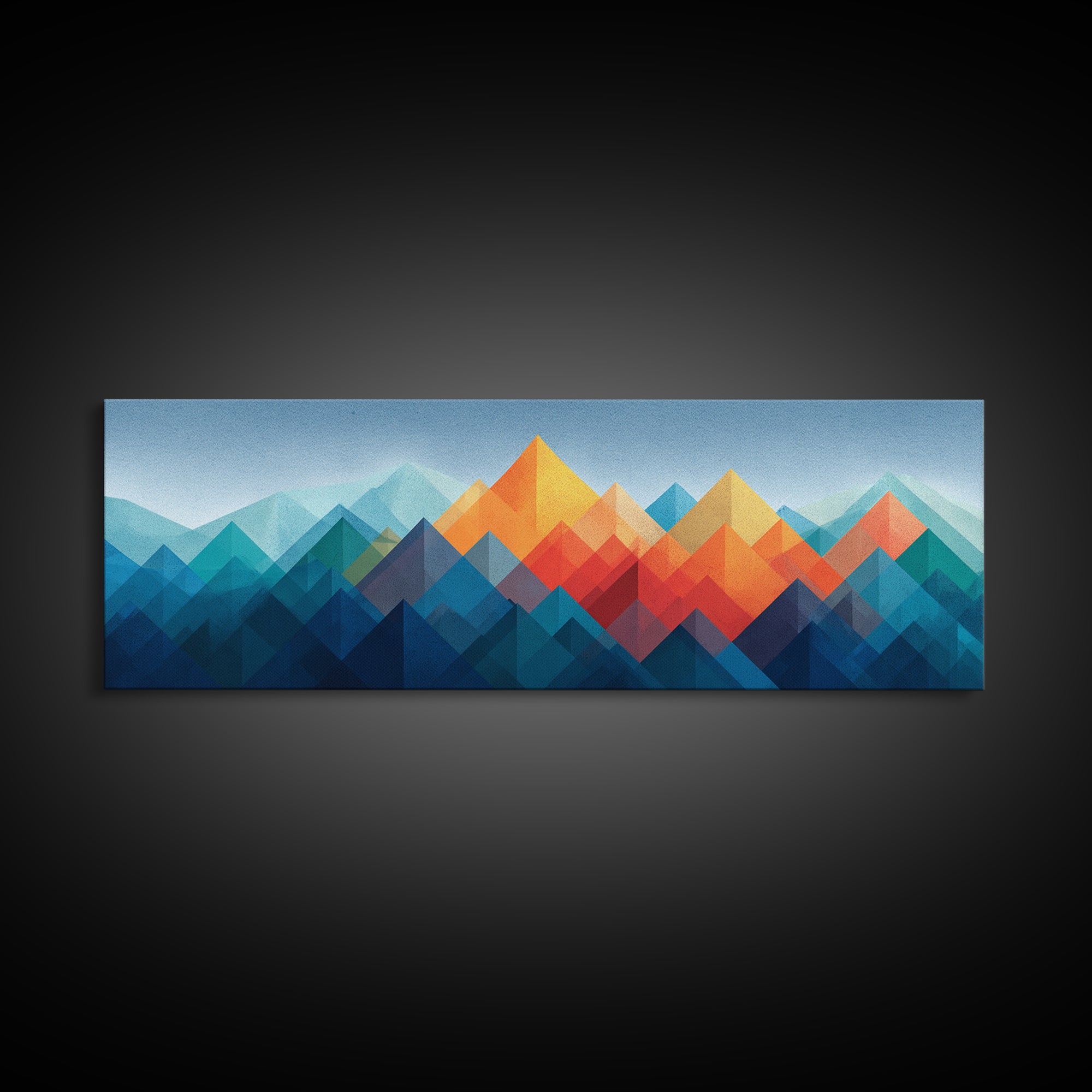 Blue Orange Faceted Mountain Range Framed Canvas Print, Mid Century Modern Abstract Art, Geometric Wall Decor Poster For Living Room