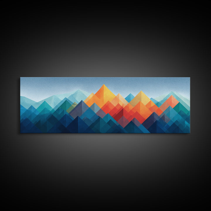 Blue Orange Faceted Mountain Range Framed Canvas Print, Mid Century Modern Abstract Art, Geometric Wall Decor Poster For Living Room