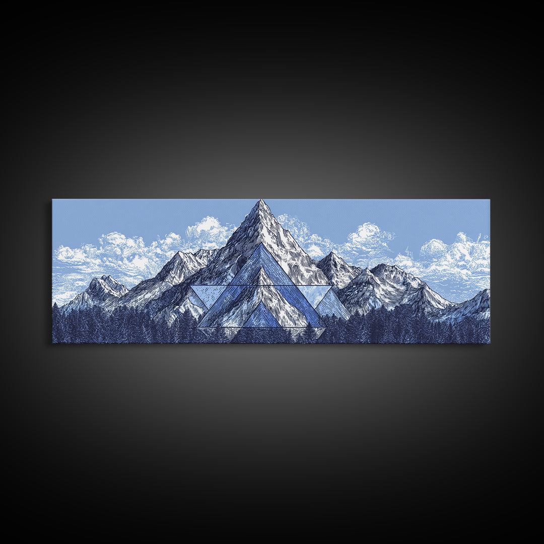 Snowy Alpine Mountain Sketch Wall Art, Blue White Landscape Print, Modern Geometric Poster, Office And Living Room Decor