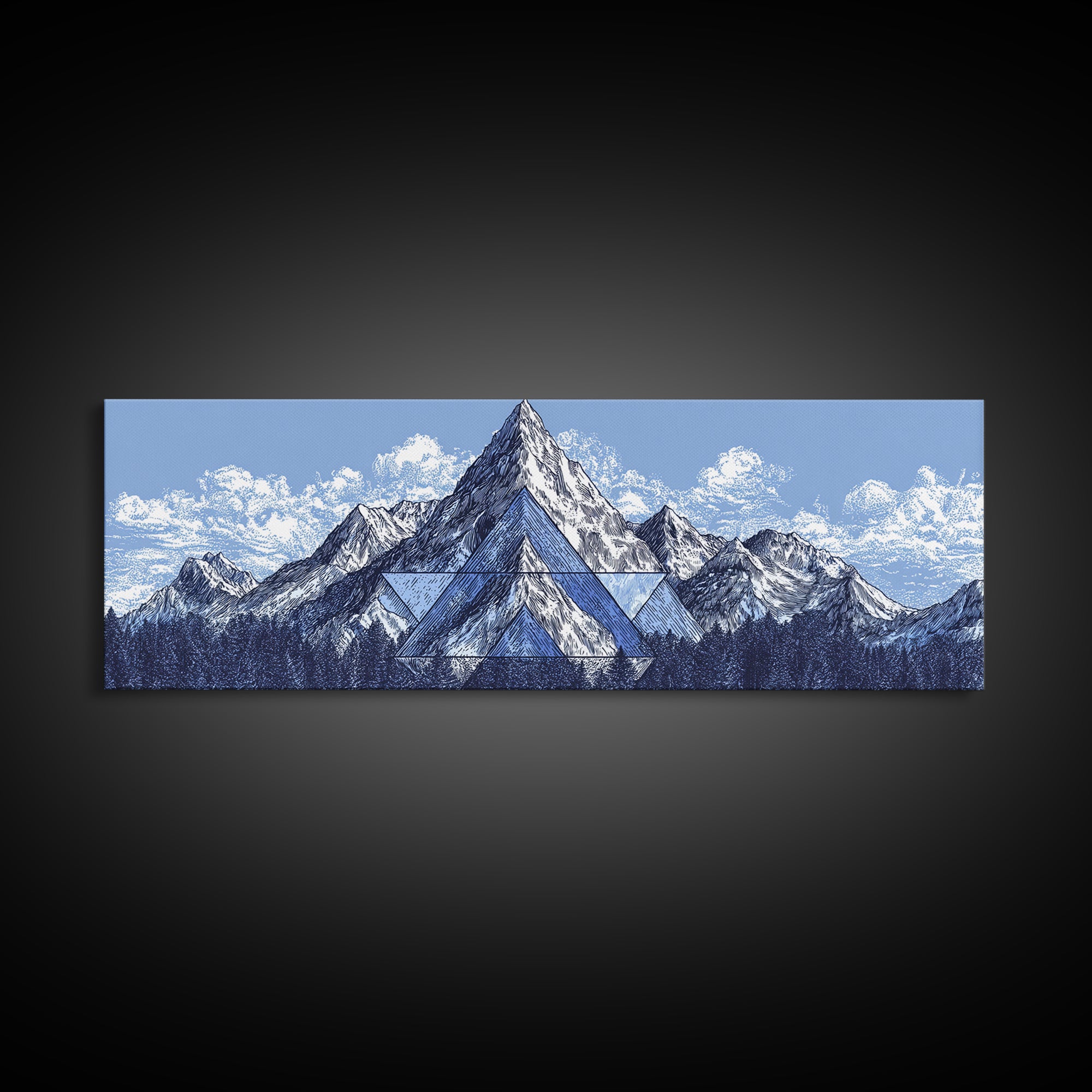 Snowy Alpine Mountain Sketch Wall Art, Blue White Landscape Print, Modern Geometric Poster, Office And Living Room Decor