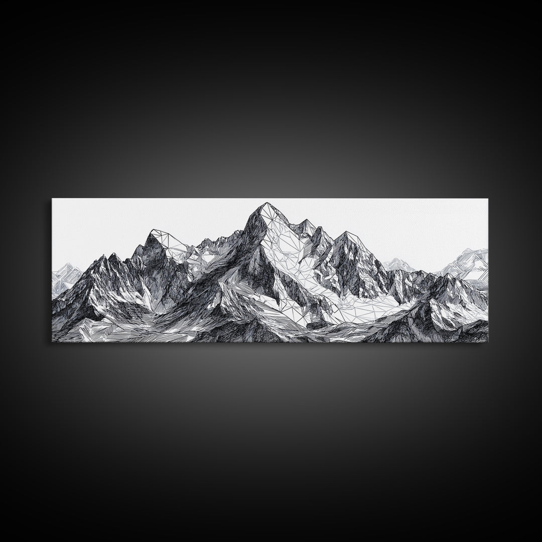 Black White Mountain Line Drawing Wall Art, Minimalist Landscape Print, Modern Office Decor, Alpine Sketch Poster Gift For Him