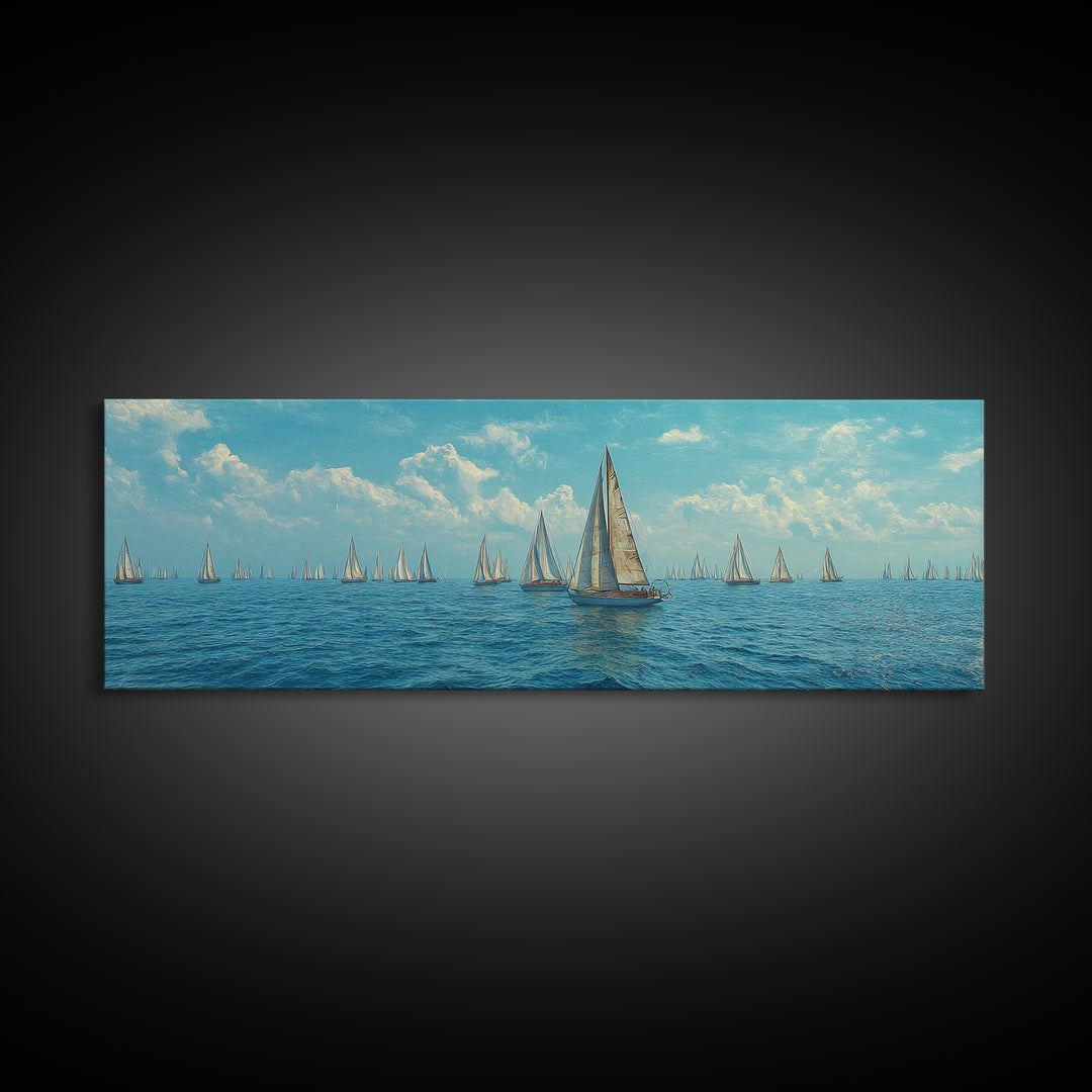 Impressionist Sailboat Fleet Canvas Print, Coastal Wall Art, Blue Ocean Landscape Poster, Nautical Decor For Living Room