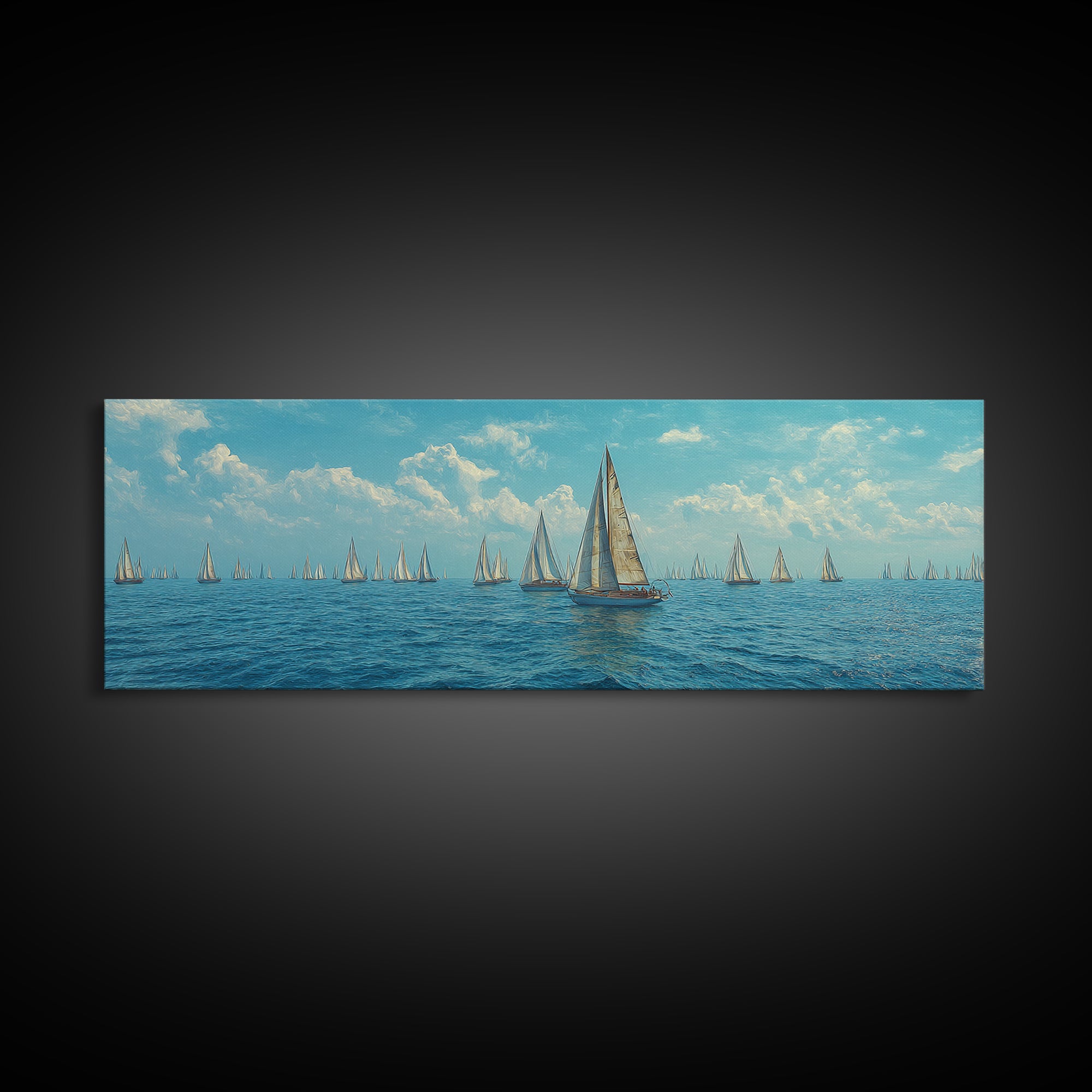 Impressionist Sailboat Fleet Canvas Print, Coastal Wall Art, Blue Ocean Landscape Poster, Nautical Decor For Living Room