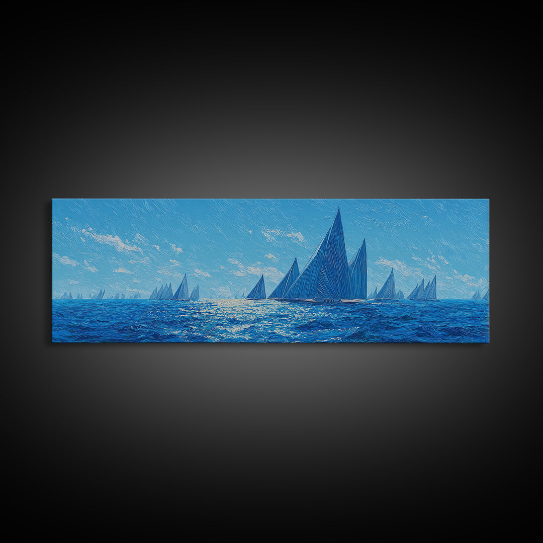 Deep Blue Sailboat Horizon Framed Canvas Print, Coastal Wall Art, Nautical Ocean Decor, Modern Landscape Poster For Office