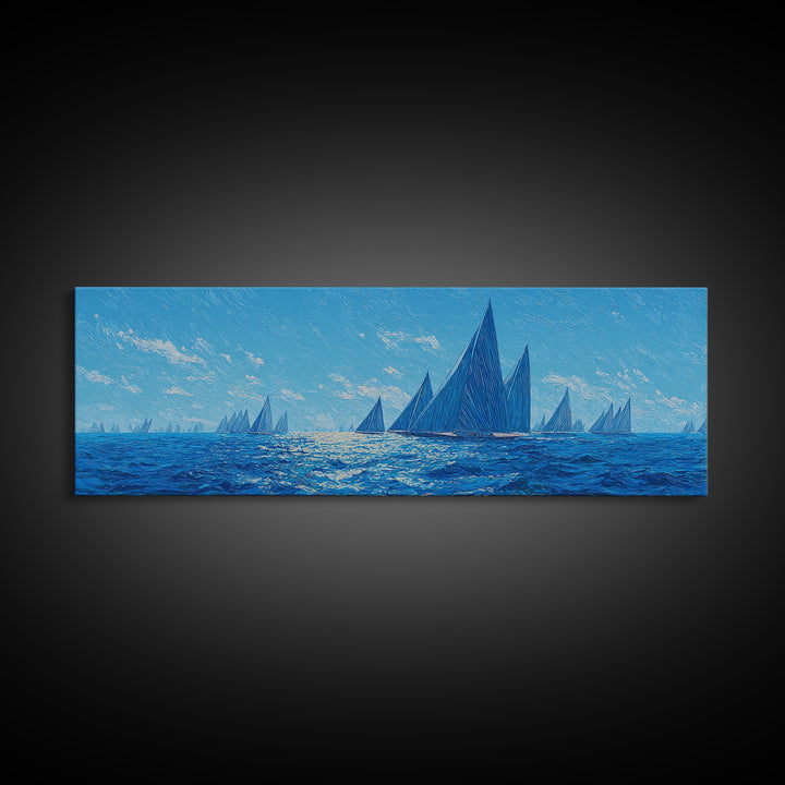 Deep Blue Sailboat Horizon Framed Canvas Print, Coastal Wall Art, Nautical Ocean Decor, Modern Landscape Poster For Office