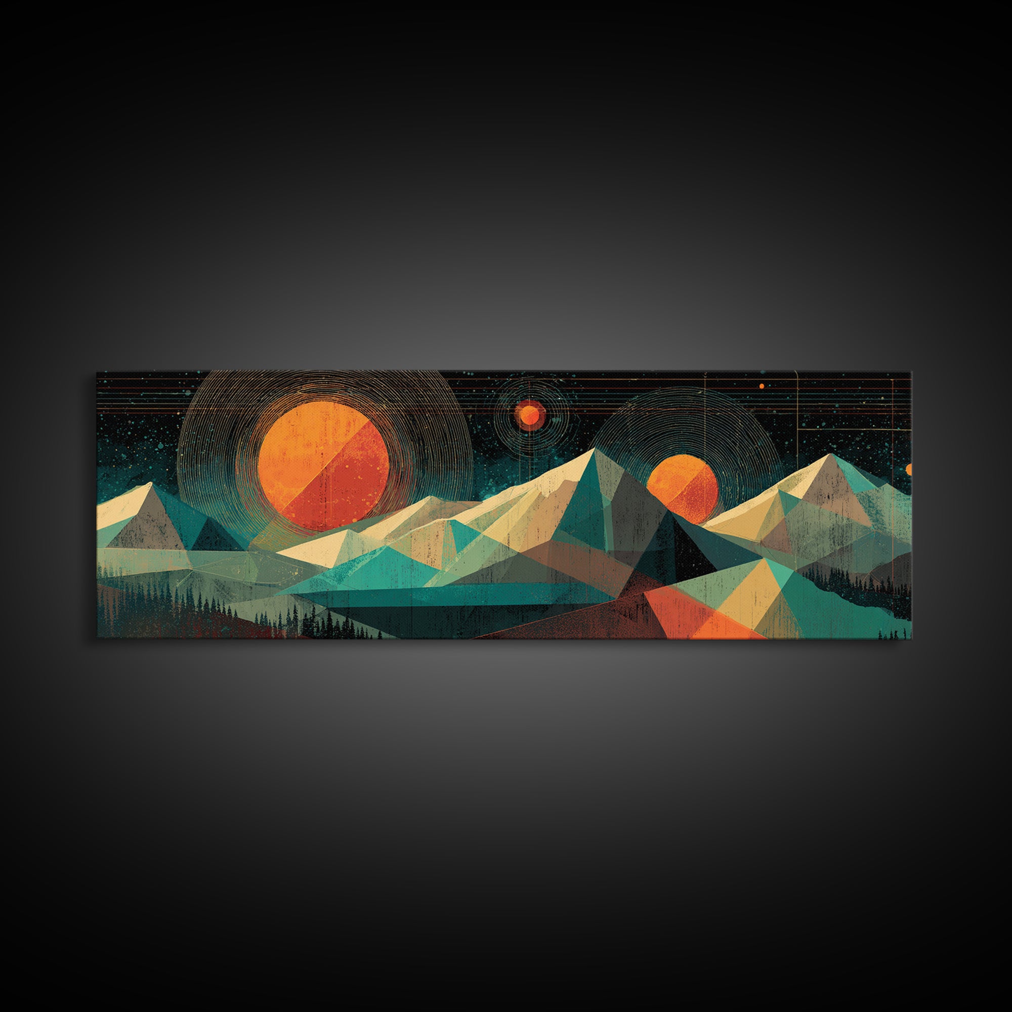 Geometric Mountain Suns Framed Canvas Print, Midcentury Modern Wall Art, Teal Orange Abstract Decor, Retro Landscape Poster
