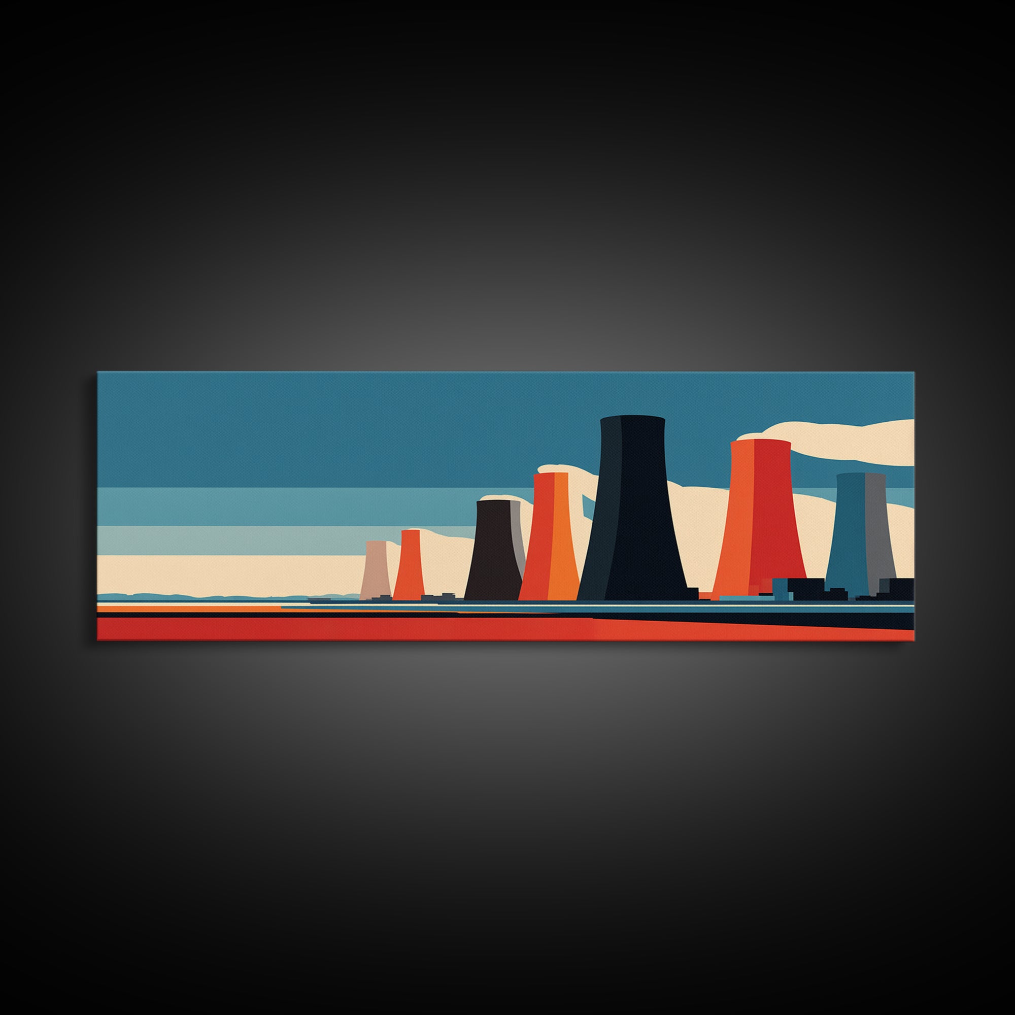 Retro Nuclear Cooling Towers At Desert Horizon Wall Art, Midcentury Modern Industrial Landscape, Bold Orange Blue MCM Decor